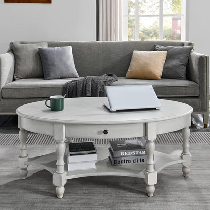Victorian Oval Solid Wood Coffee Table with Drawer Grey White Storage Table