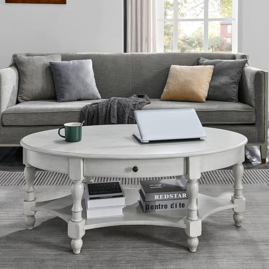Victorian Oval Solid Wood Coffee Table with Drawer Grey White Storage Table