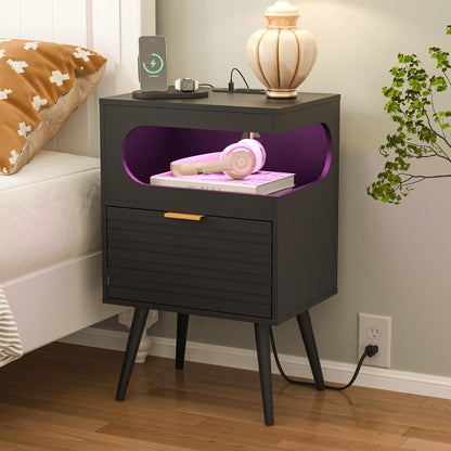 Modern Black Nightstand with Charging Station, LED Light & Storage Drawer