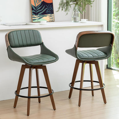 Walnut Black Swivel Bar Stools Faux Leather Mid Century Set of 2