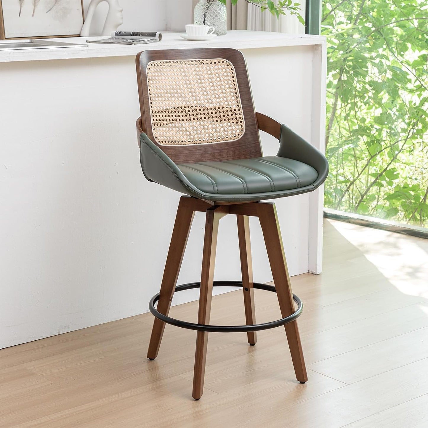 Walnut Cane Swivel Counter Stool with Arms Black Faux Leather Seat