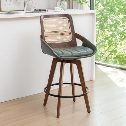 Walnut Cane Swivel Counter Stool with Arms Black Faux Leather Seat