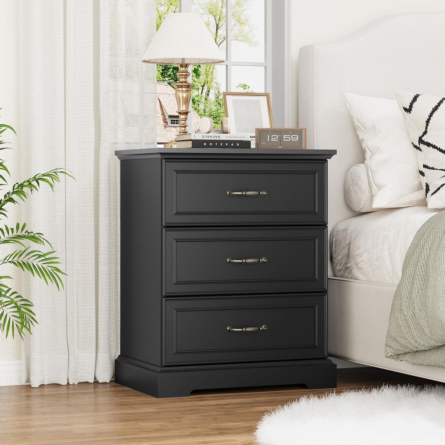 White Farmhouse Nightstand with 3 Drawers Wide Bedside Storage Table
