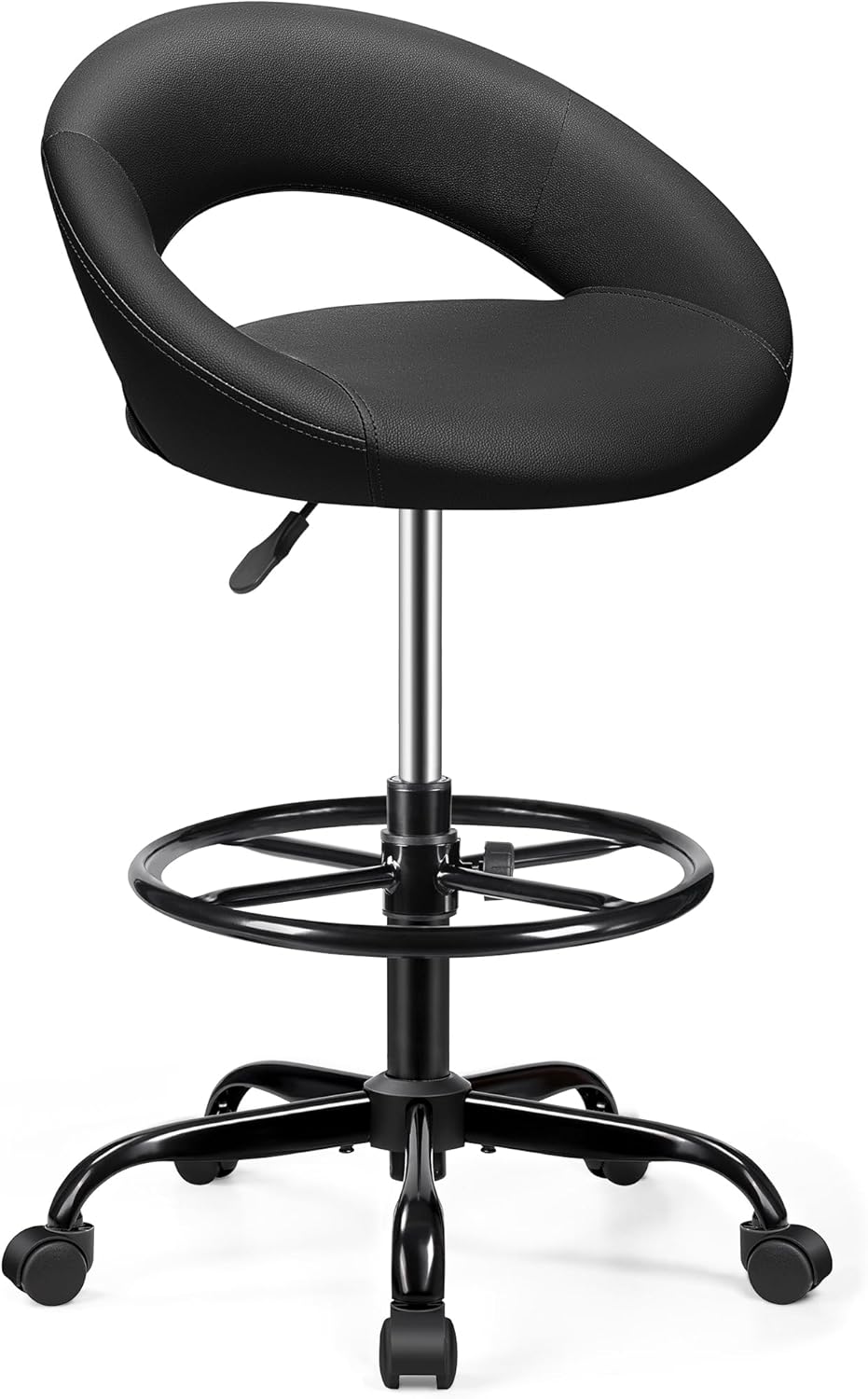 Adjustable Drafting Chair Black Faux Leather Swivel Counter Stool with Wheels