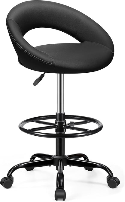 Adjustable Drafting Chair Black Faux Leather Swivel Counter Stool with Wheels