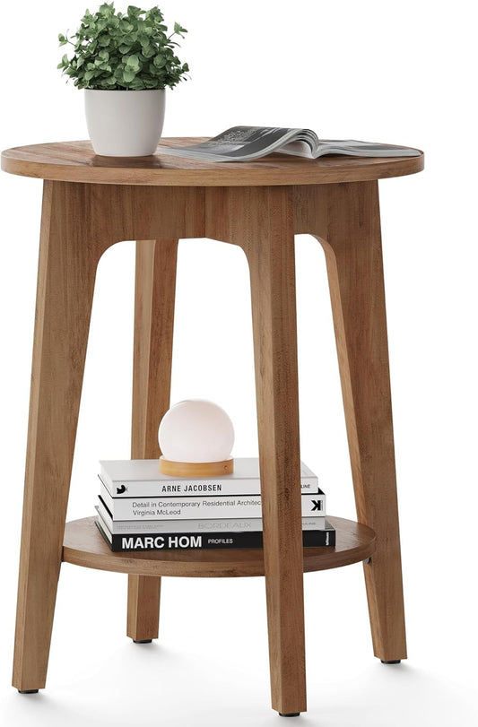 Round Wood Side Table with Lower Shelf Mid Century End Table