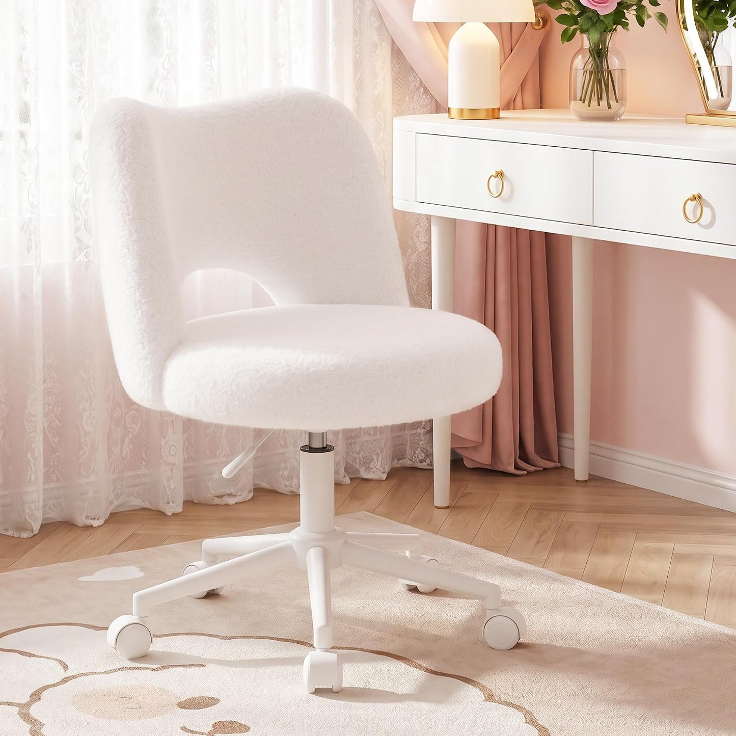 White Teddy Vanity Chair Armless Adjustable Swivel Desk Chair with Wheels