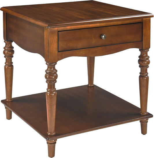 Large Solid Wood End Table Caramel Brown with Drawer and Storage Shelf