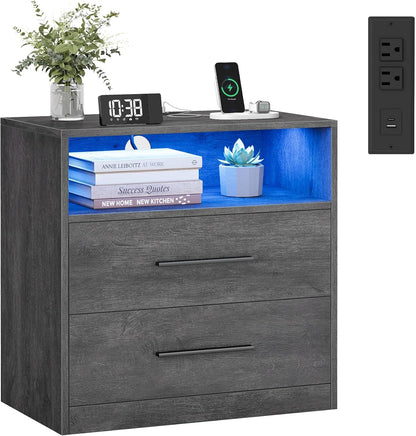 Modern Misty Gray Nightstand with LED Lights & Charging Station – 2-Drawer Bedside Table