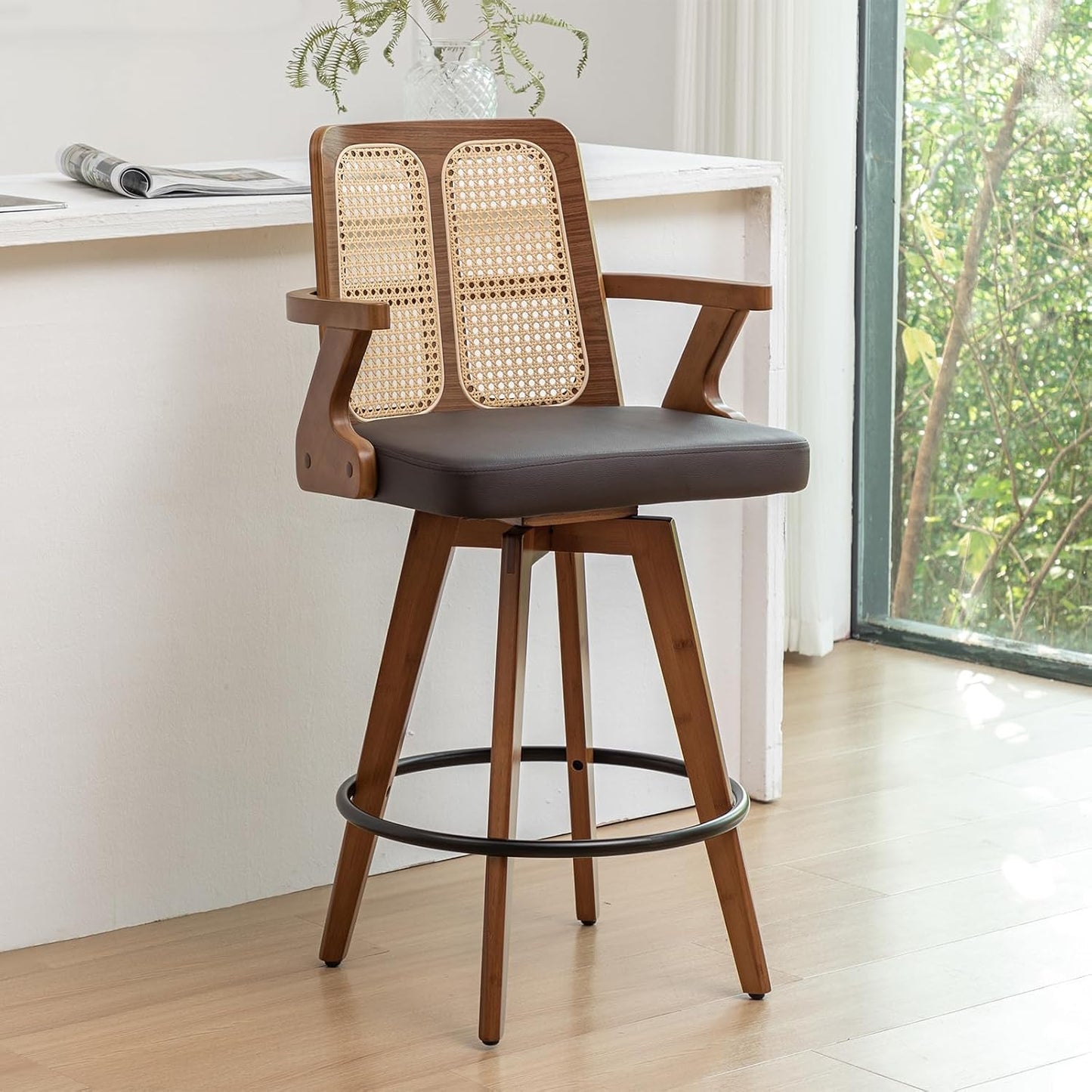 Walnut Rattan Swivel Counter Stool with Arms Green Upholstered Seat