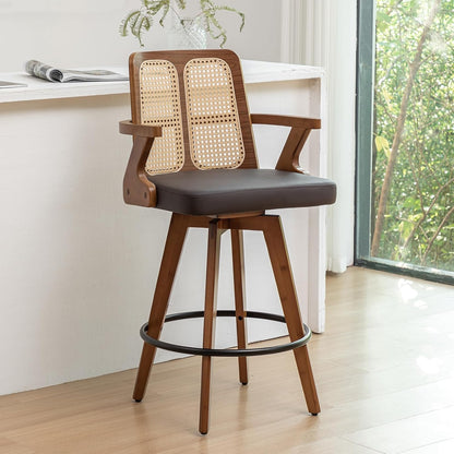 Walnut Rattan Swivel Counter Stool with Arms Green Upholstered Seat