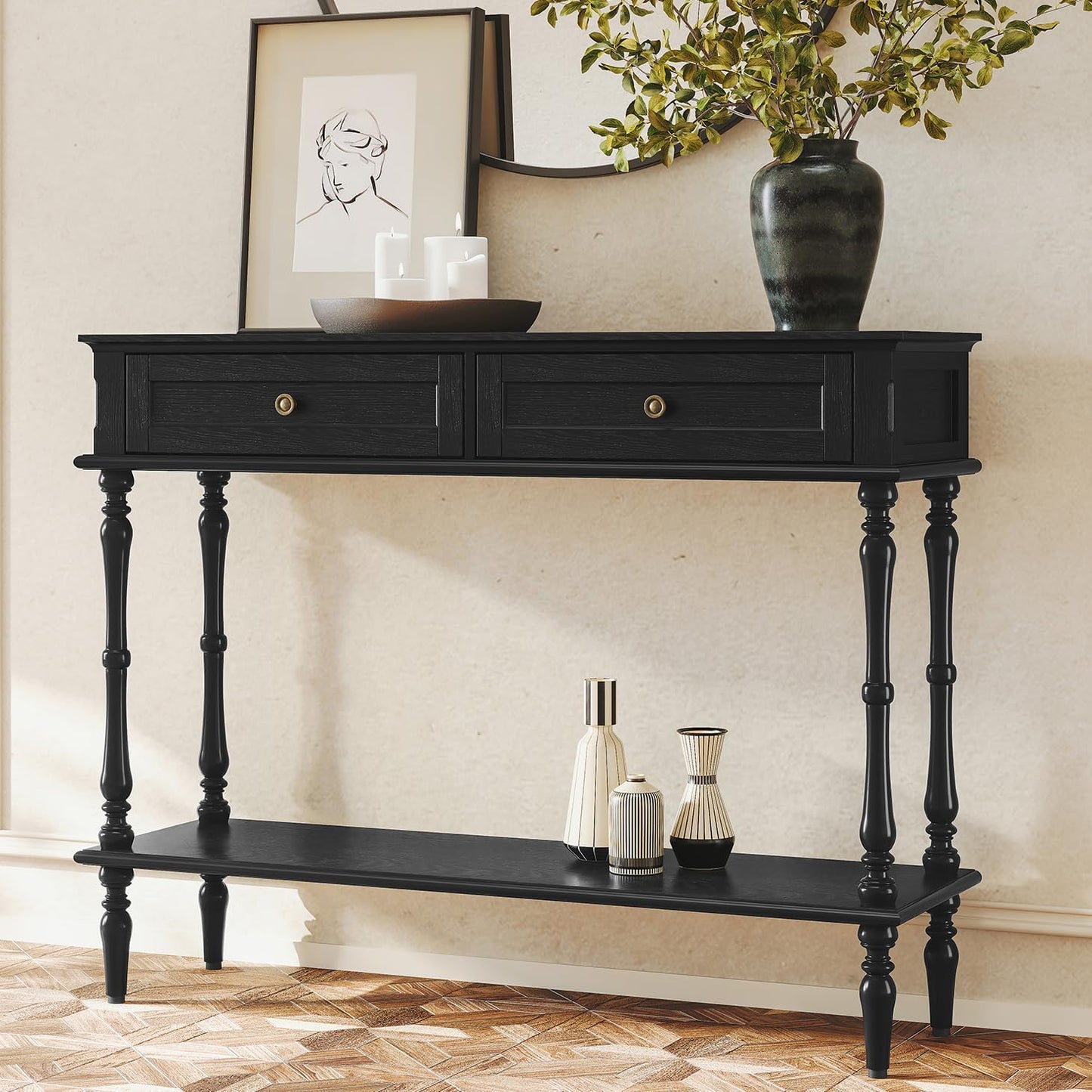 Green Console Table with Drawers Wood Entryway Table with Storage Shelf