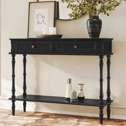 Green Console Table with Drawers Wood Entryway Table with Storage Shelf