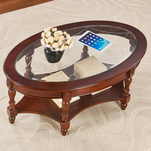 Victorian Oval Solid Wood Coffee Table with Glass Top Cherry Walnut