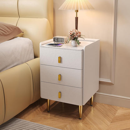White Narrow Nightstand with 3 Drawers Sintered Stone Top Bedside Table