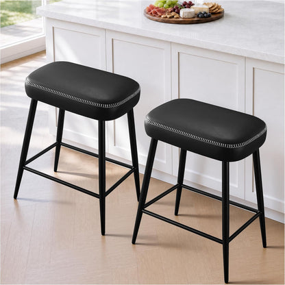 Black Counter Height Bar Stools Set of 2 Upholstered Saddle Seats