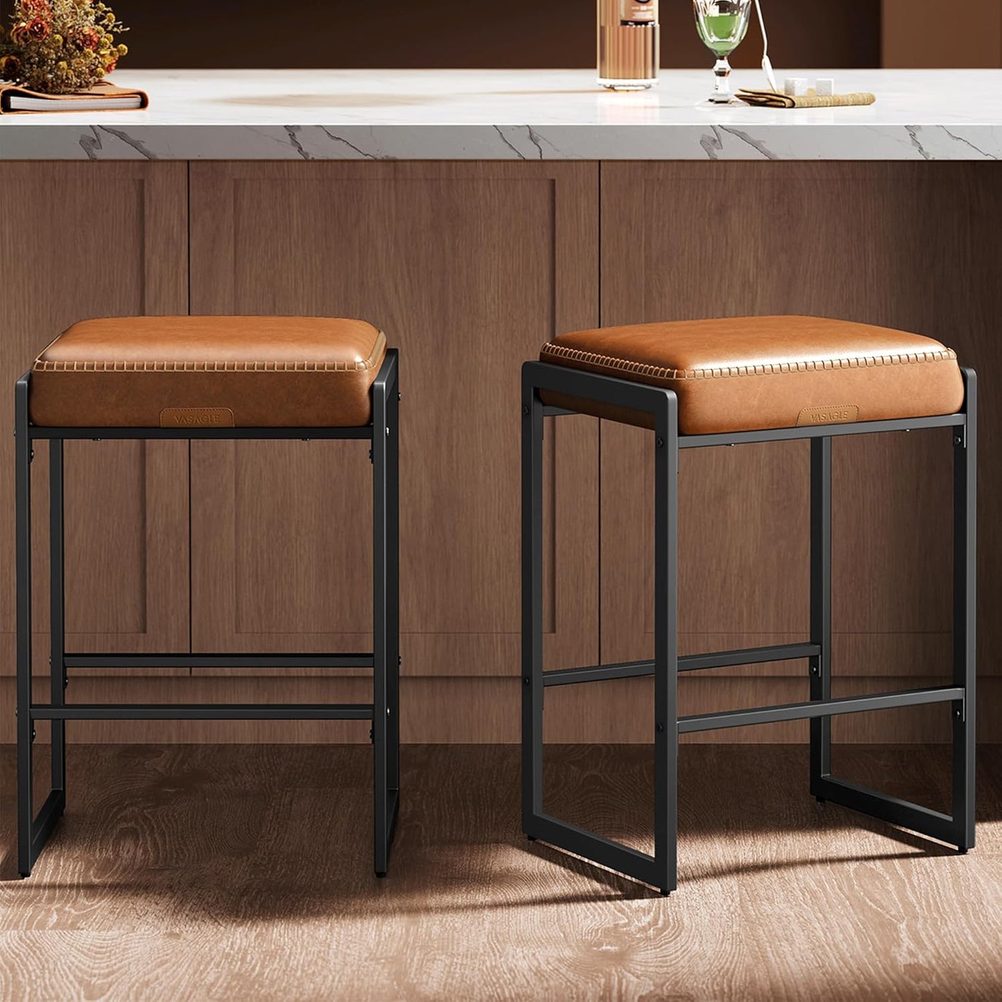 26 Inch Caramel Brown Counter Stool Upholstered Saddle Kitchen Bar Chair