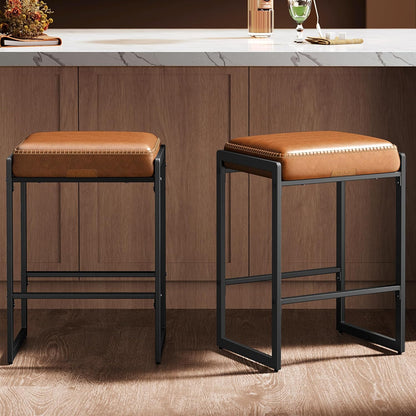 26 Inch Caramel Brown Counter Stool Upholstered Saddle Kitchen Bar Chair
