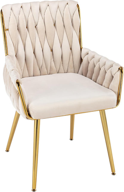 Beige Velvet Accent Chair Hand Woven Upholstered Armchair with Gold Metal Legs