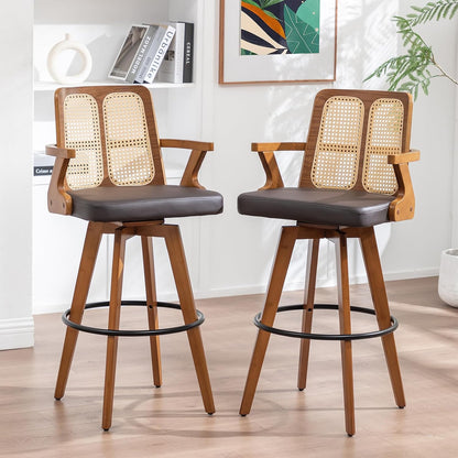 Walnut Rattan Swivel Counter Stool with Arms Green Upholstered Seat