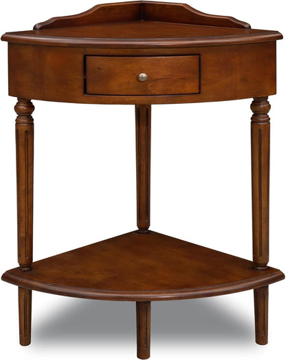 Solid Wood Corner End Table with Drawer Pecan Wedge Accent Table