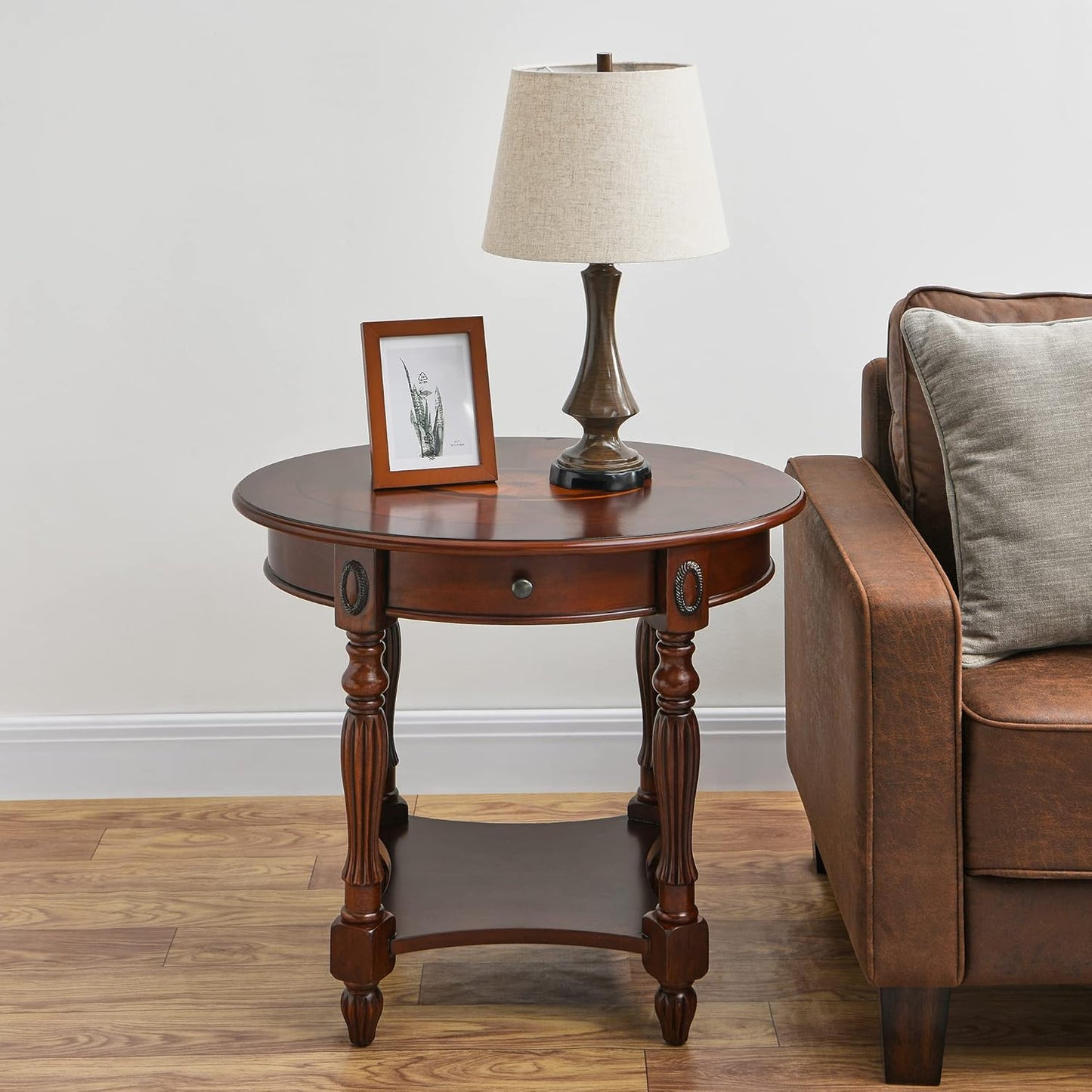 Solid Wood Oval End Table Cherry Walnut with Drawer and Storage Shelf