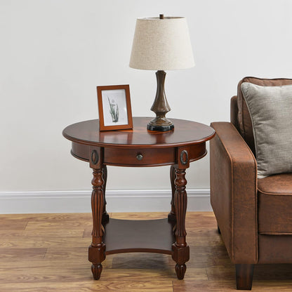 Solid Wood Oval End Table Cherry Walnut with Drawer and Storage Shelf