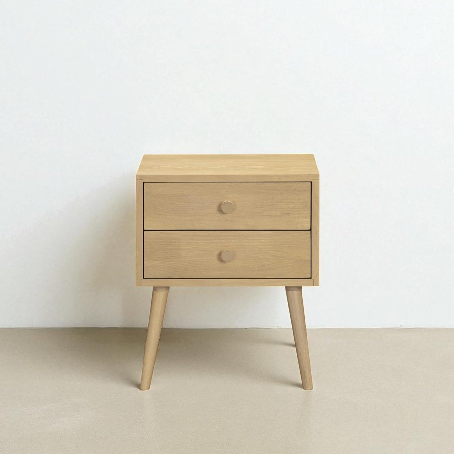 Solid Rubberwood 2-Drawer Nightstand – Sand Mid-Century Bedside Table