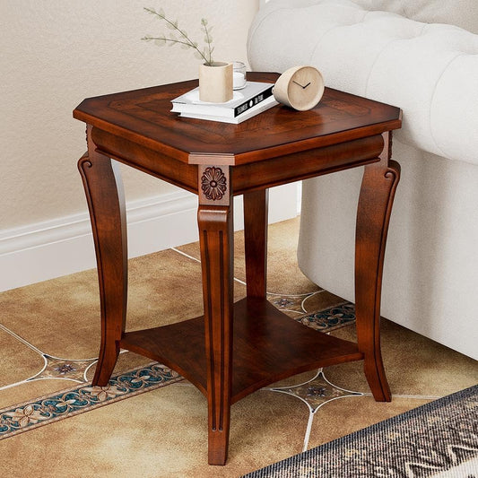 Solid Wood End Table Cherry Walnut with Storage Shelf Vintage Side Table