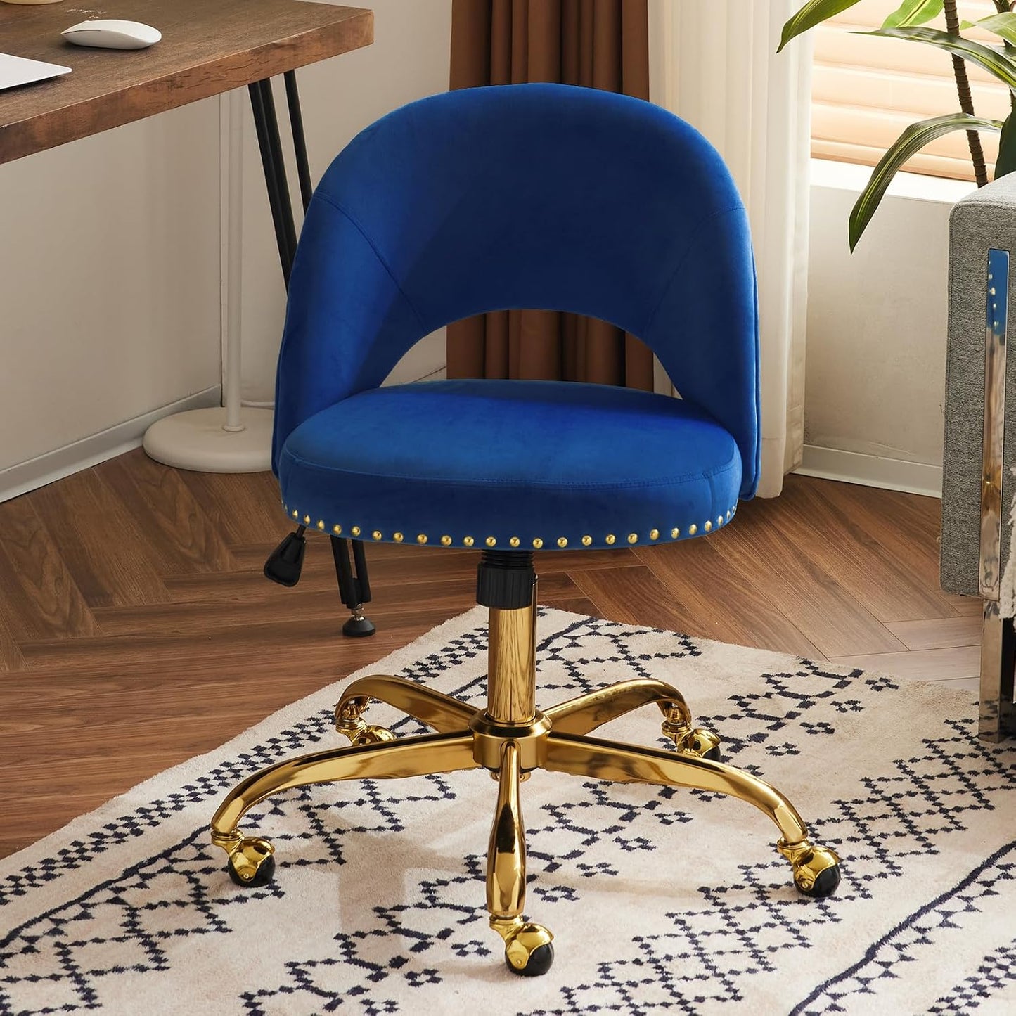 Navy Blue Velvet Office Chair Gold Swivel Rolling Vanity Desk Chair