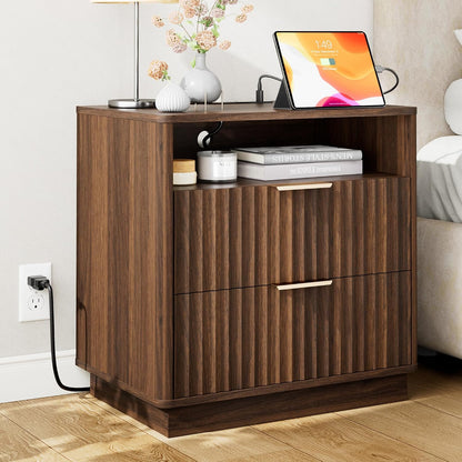 23" Walnut Fluted Nightstand with Charging Station – 2-Drawer Bedside Table