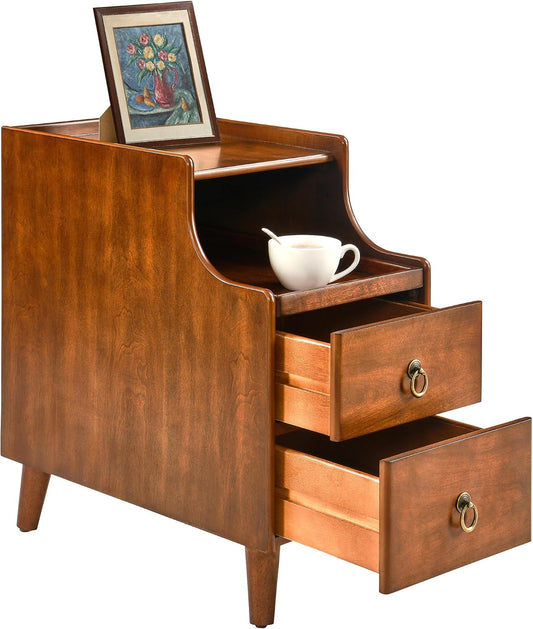 Solid Wood Narrow End Table with 2 Drawers Pull Out Tray