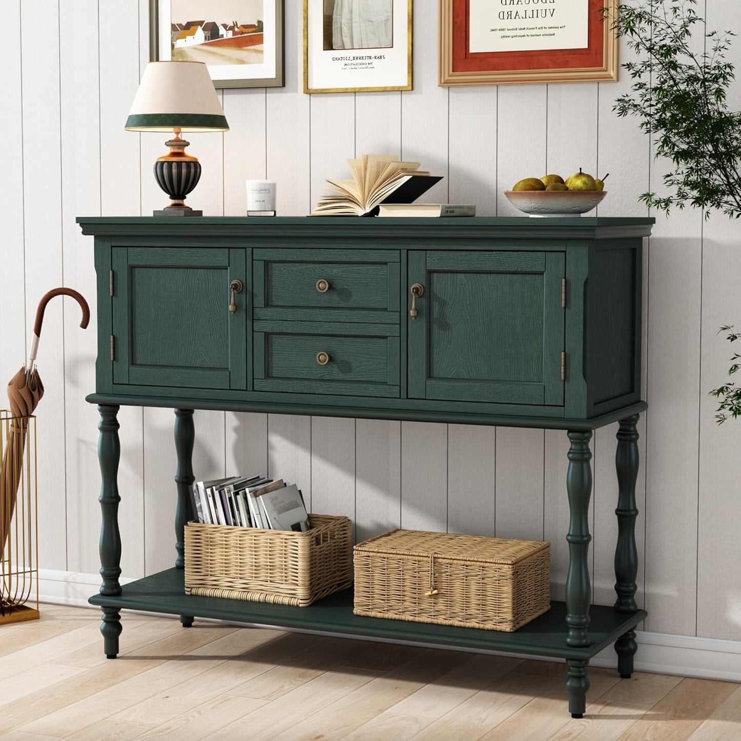 Vintage Green Console Table with 2 Drawers Cabinets and Open Storage Shelf