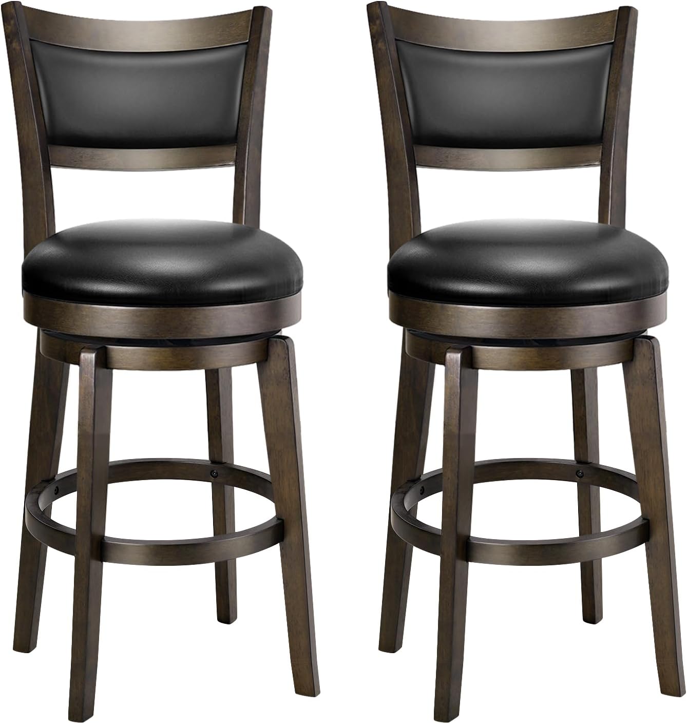 Swivel Counter Height Bar Stools Black Faux Leather Wood Set of 2