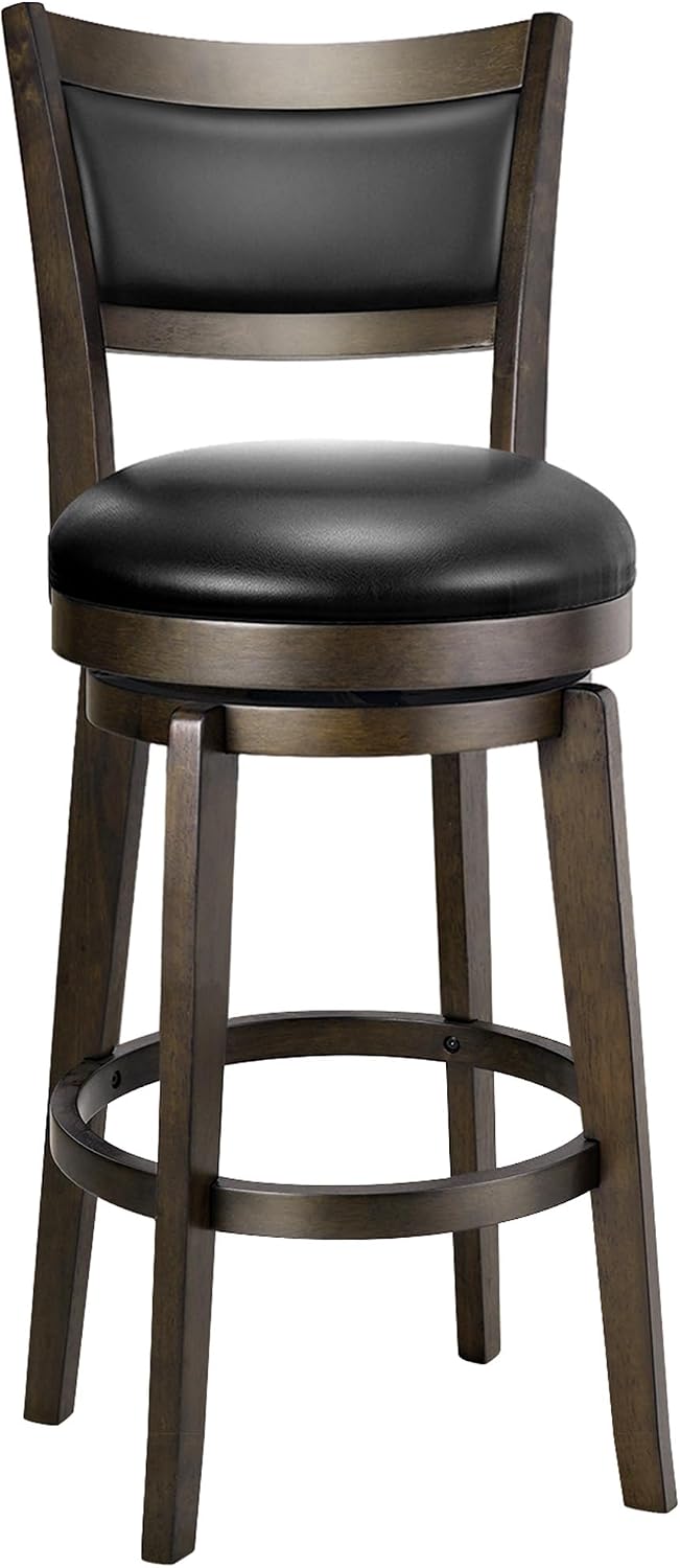 26 Inch Swivel Counter Height Bar Stool Black Faux Leather Solid Wood Frame