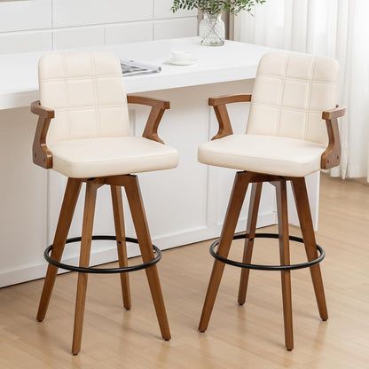 Walnut Black Swivel Counter Stool with Arms Mid Century Upholstered Bar Chair