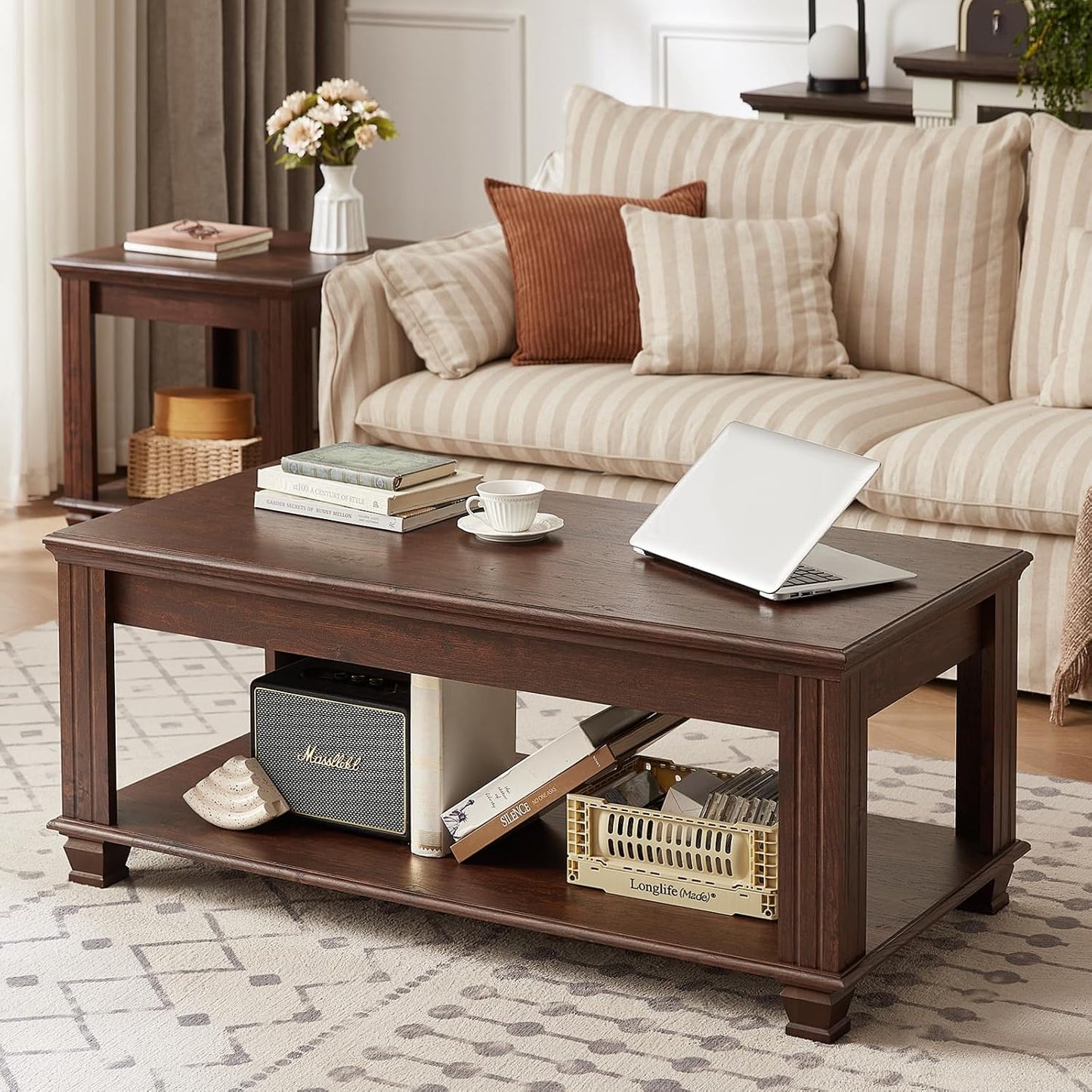 Farmhouse Walnut Coffee Table with Open Storage Shelf Rustic Wood Center Table