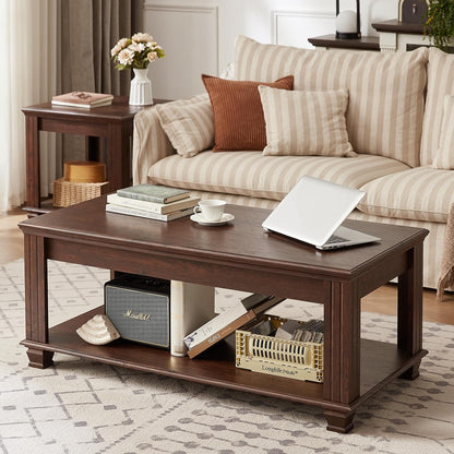 Farmhouse Walnut Coffee Table with Open Storage Shelf Rustic Wood Center Table