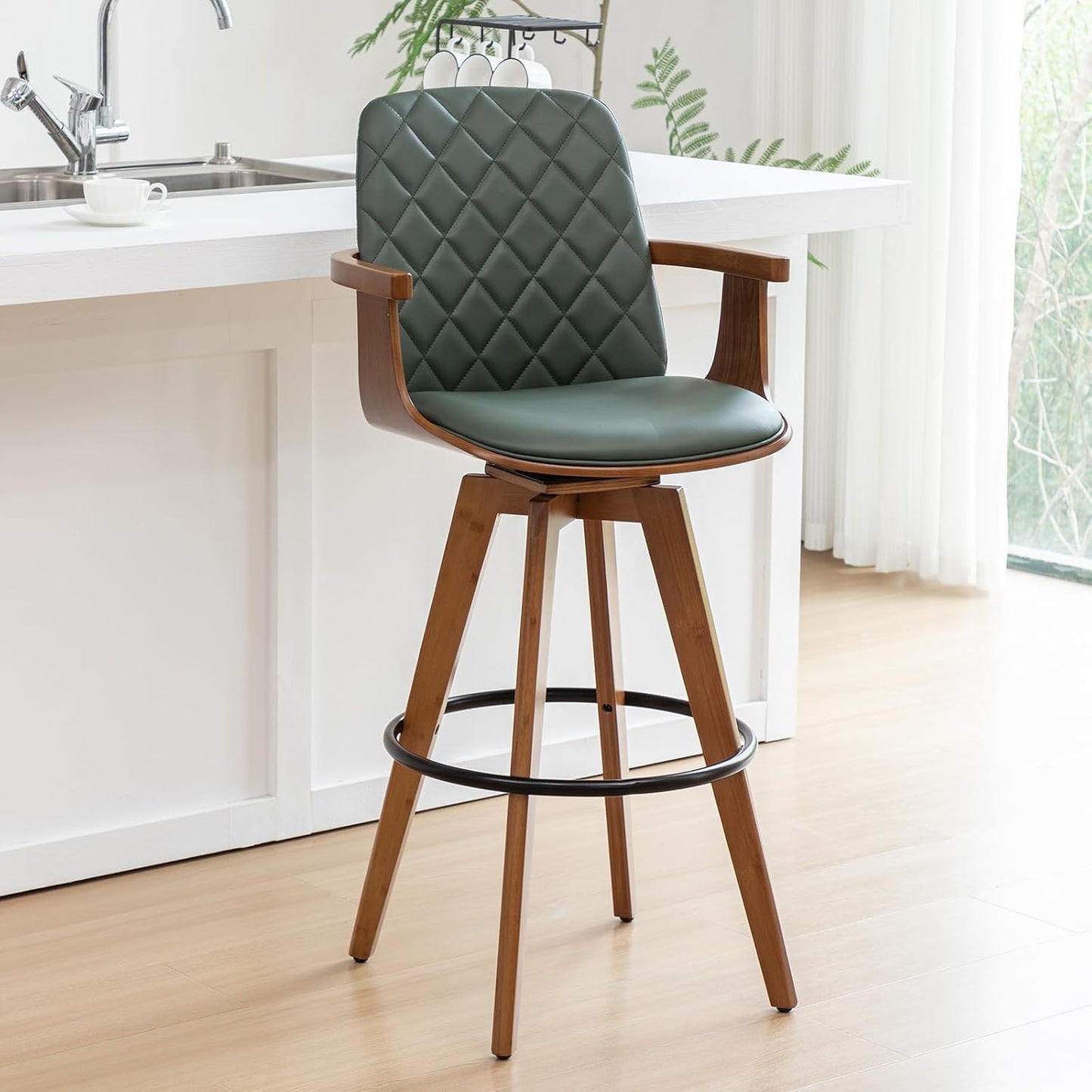 Walnut Swivel Bar Stool with Arms Beige Faux Leather Mid Century Chair
