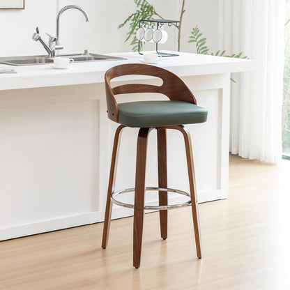Walnut Green Swivel Counter Stool with Faux Leather Seat Mid Century Bar Chair