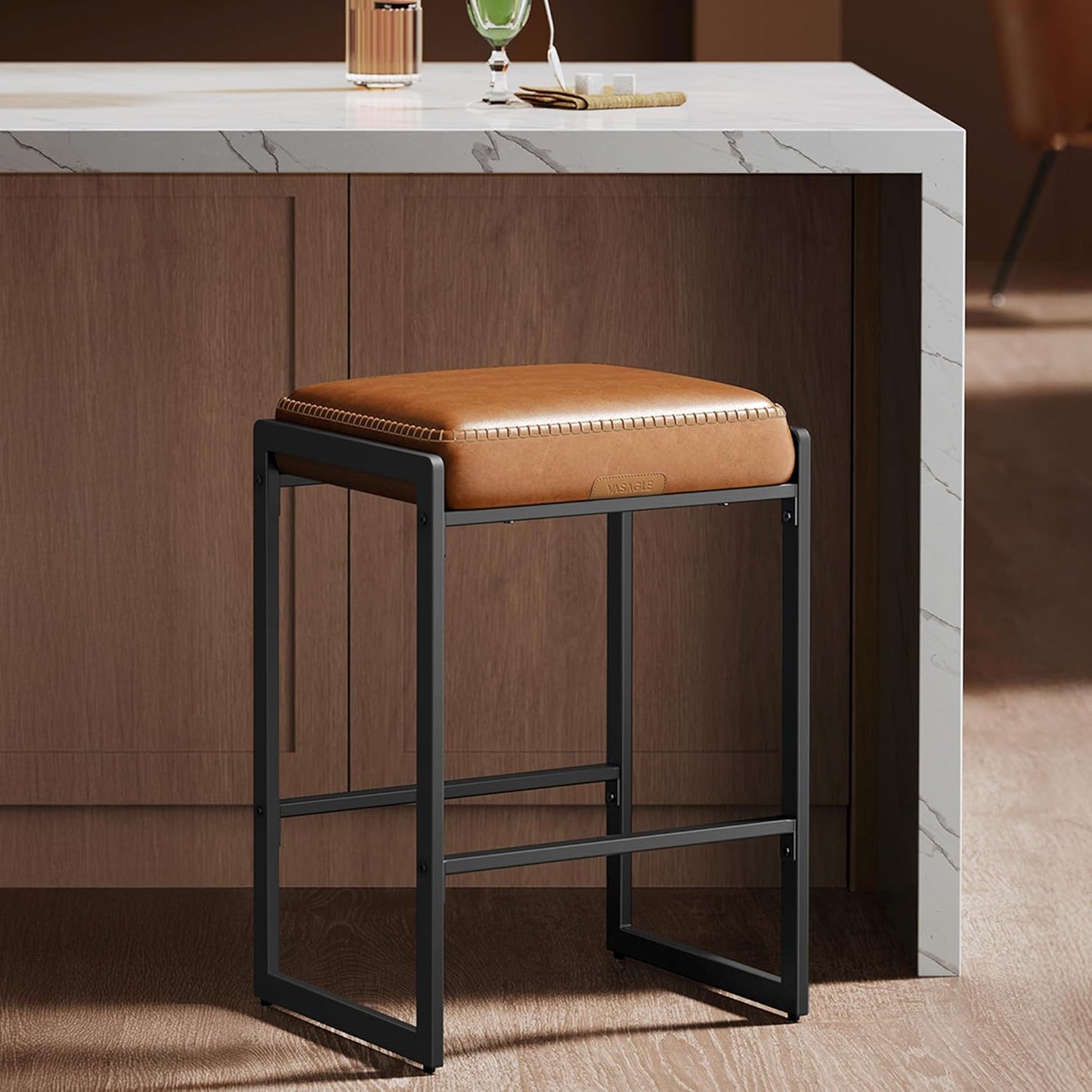 26 Inch Caramel Brown Counter Stool Upholstered Saddle Kitchen Bar Chair
