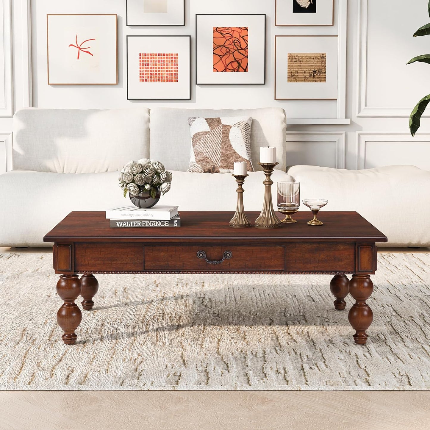 Traditional Walnut Coffee Table with Drawer Rustic Farmhouse Wood Living Room Table