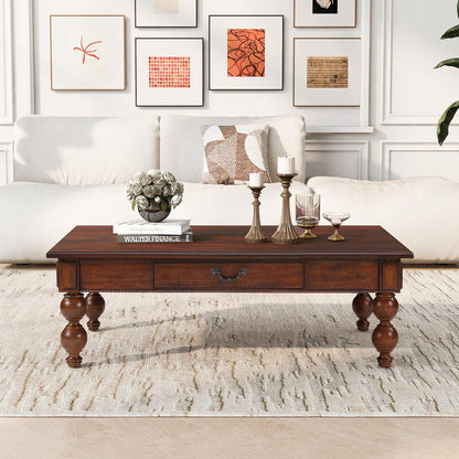 Traditional Walnut Coffee Table with Drawer Rustic Farmhouse Wood Living Room Table