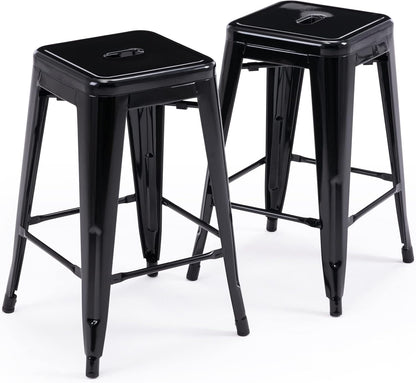 Black Metal Bar Stools Set of 2 Stackable Industrial Counter Height Seats
