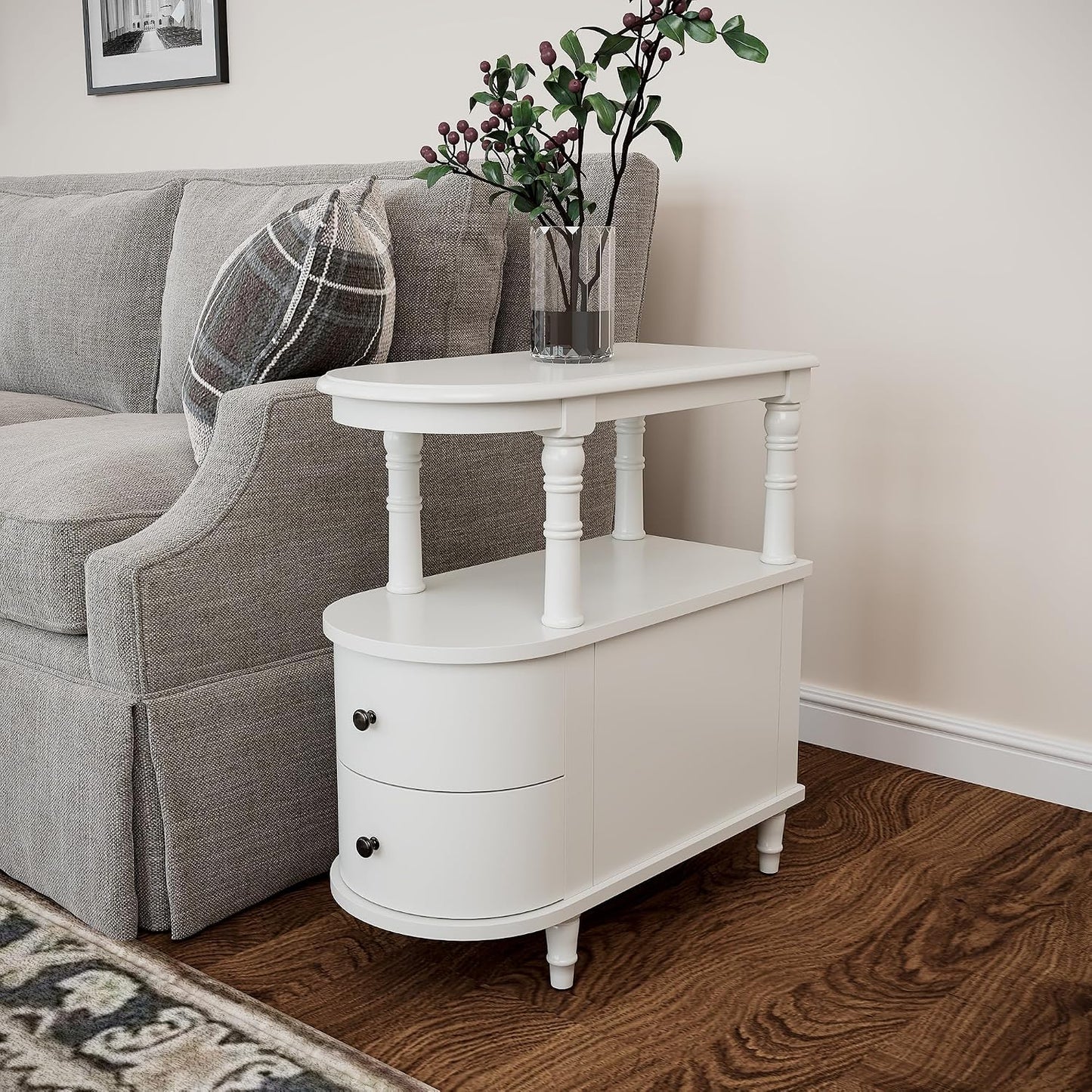 Solid Wood Narrow End Table with Drawers White Slim Bedside Nightstand
