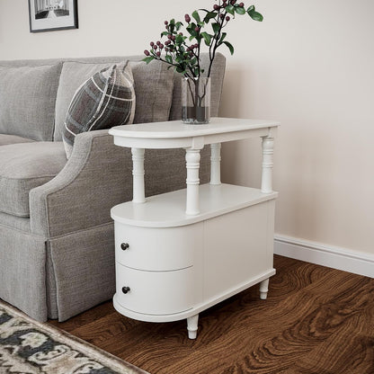 Solid Wood Narrow End Table with Drawers White Slim Bedside Nightstand