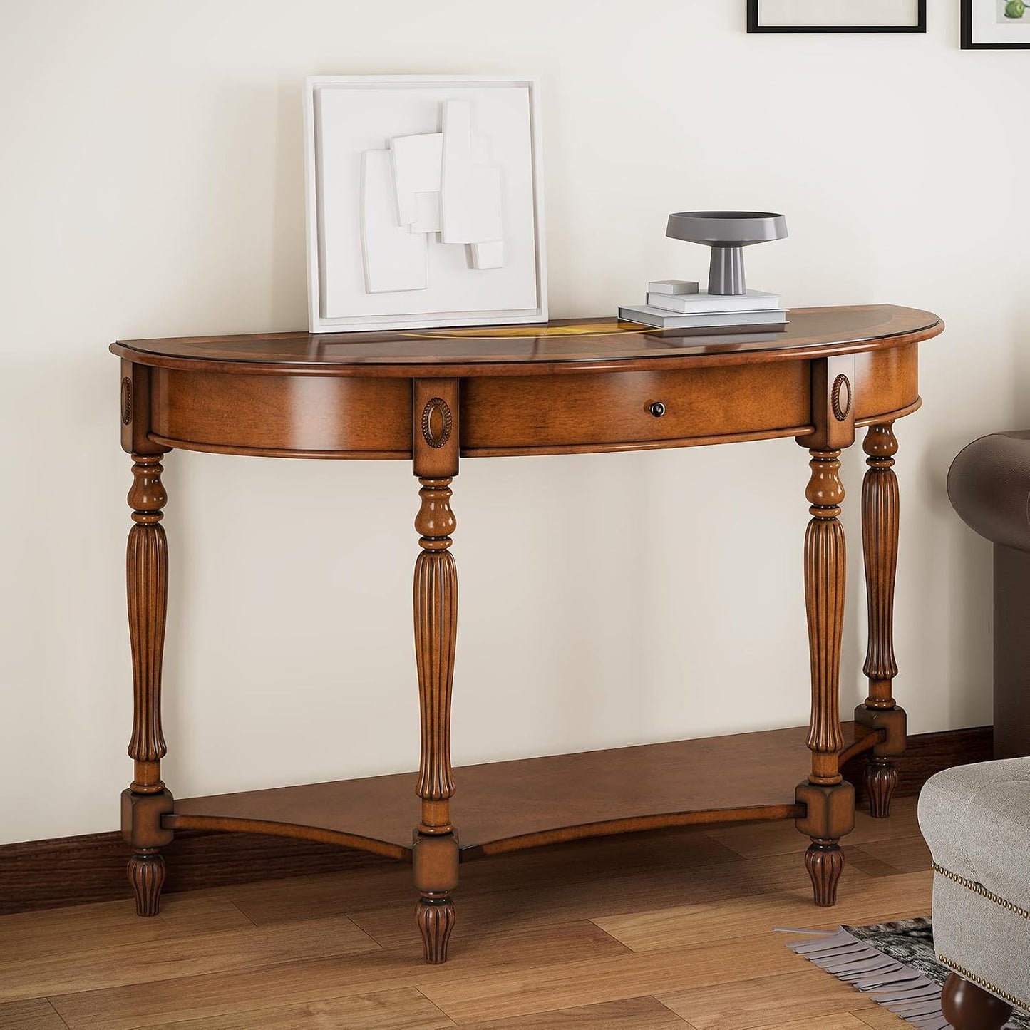 Solid Wood Demi Lune Console Table with Drawer and Storage Shelf