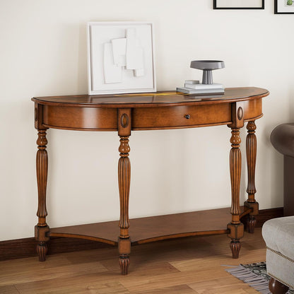 Solid Wood Demi Lune Console Table with Drawer and Storage Shelf