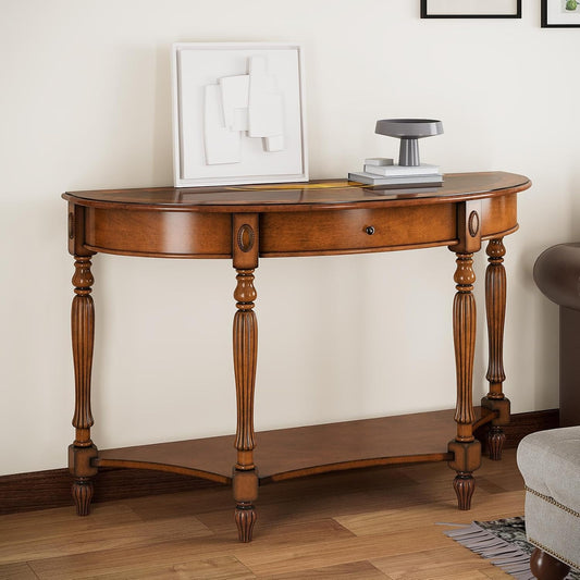 Solid Wood Demi Lune Console Table with Drawer and Storage Shelf