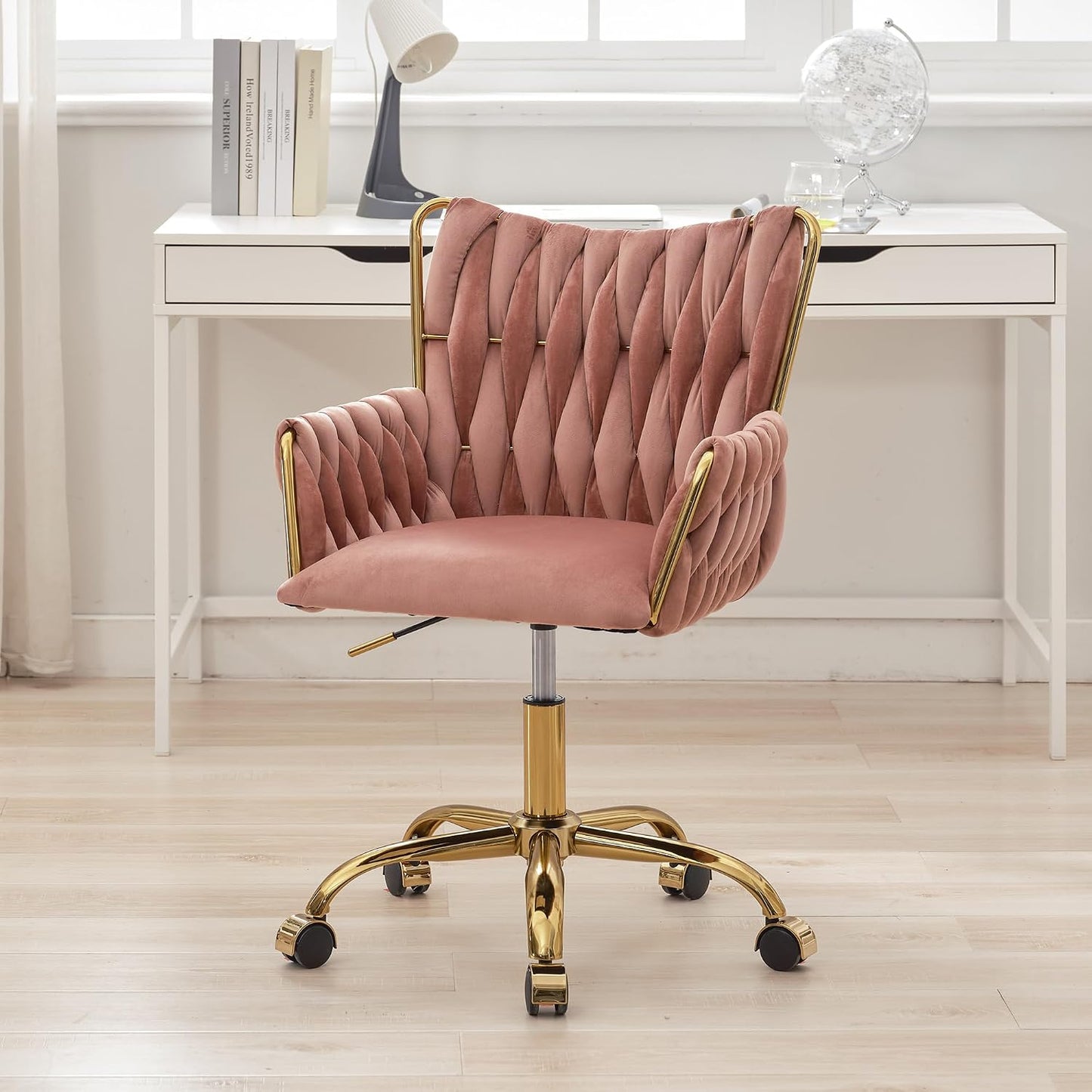 Rose Pink Velvet Vanity Chair Gold Swivel Rolling Office Chair with Wheels
